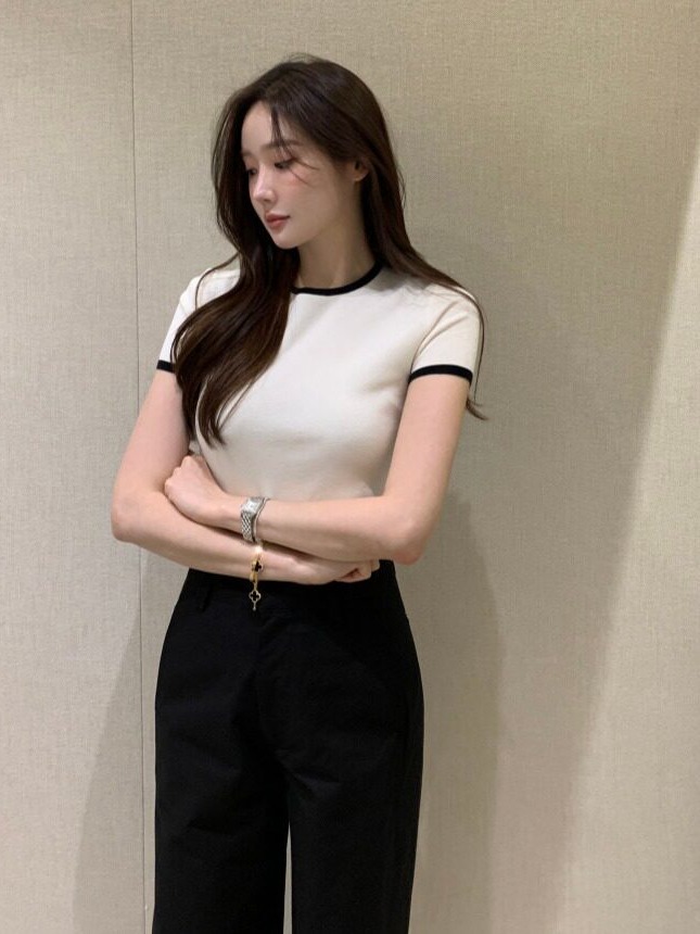 시크한 여름 신상 얇은 컬러 블록 반팔 니트 스웨터 한 - The Korean Lifestyle 리뷰 및 가격