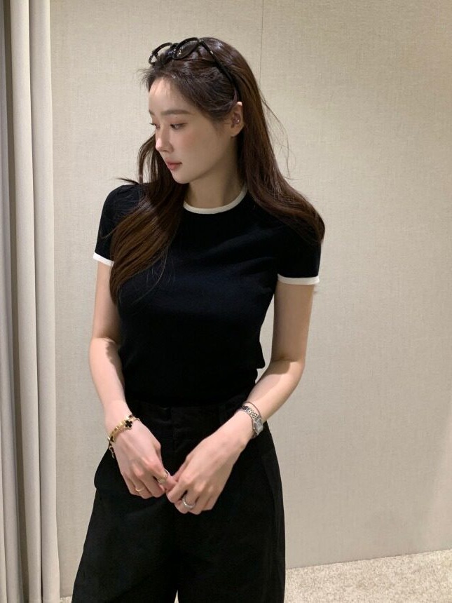 시크한 여름 신상 얇은 컬러 블록 반팔 니트 스웨터 한 - The Korean Lifestyle 리뷰 및 가격